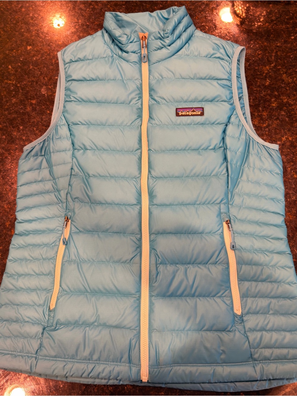 Patagonia Sky Blue Quilted Down Vest with Cream Zipper